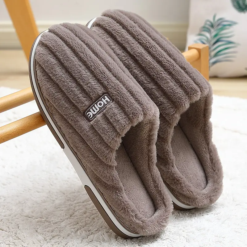 Large Size Home Cotton Slippers Wholesale Men's Winter Striped Wool Slippers Men's Plush Warm Indoor Home Cotton Slippers for Women - Image 3