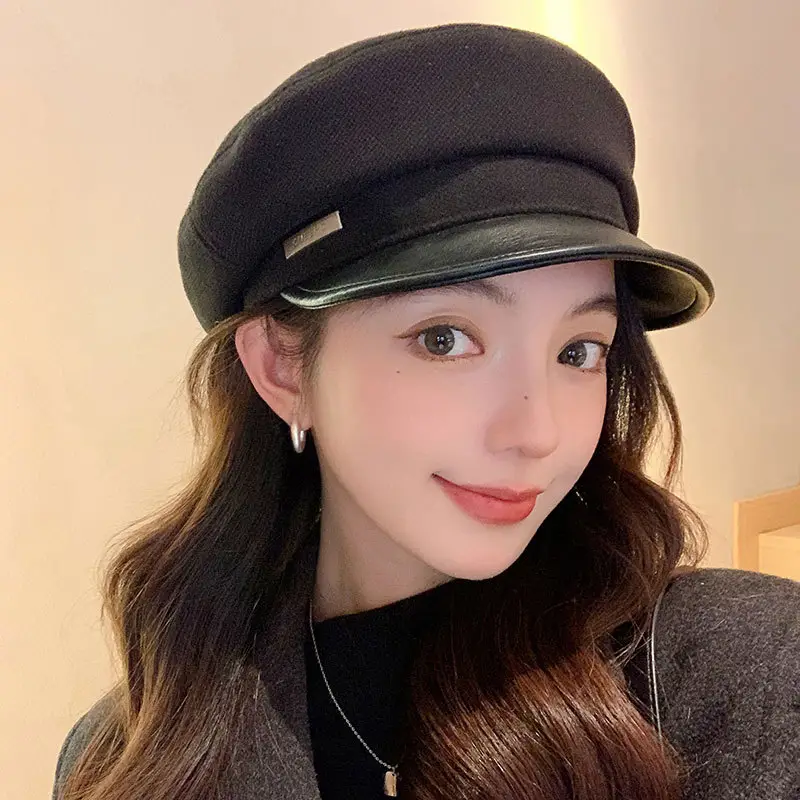 Women Flat-Top Duckbill Cap Warm British Retro Leather Brim - Image 4