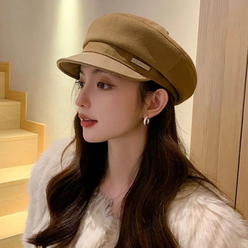 Women Flat-Top Duckbill Cap Warm British Retro Leather Brim - Image 7