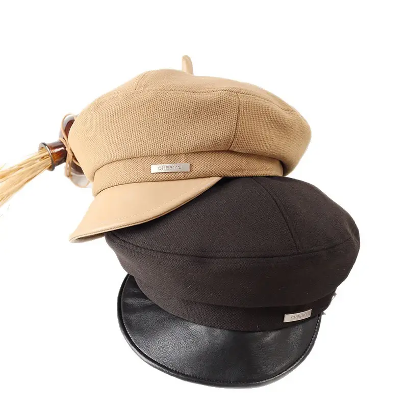 Women Flat-Top Duckbill Cap Warm British Retro Leather Brim - Image 8