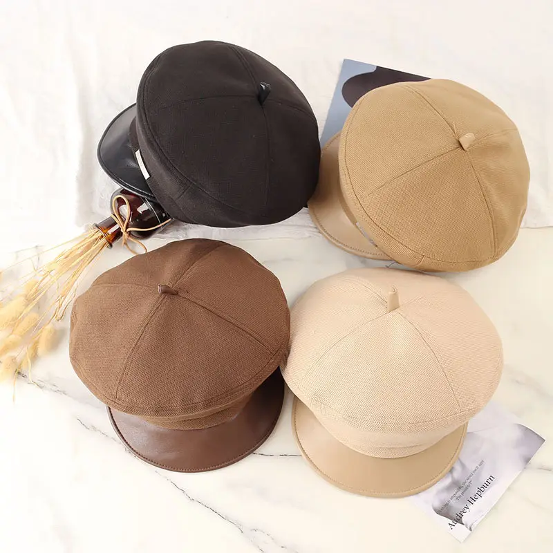 Women Flat-Top Duckbill Cap Warm British Retro Leather Brim — feature 1