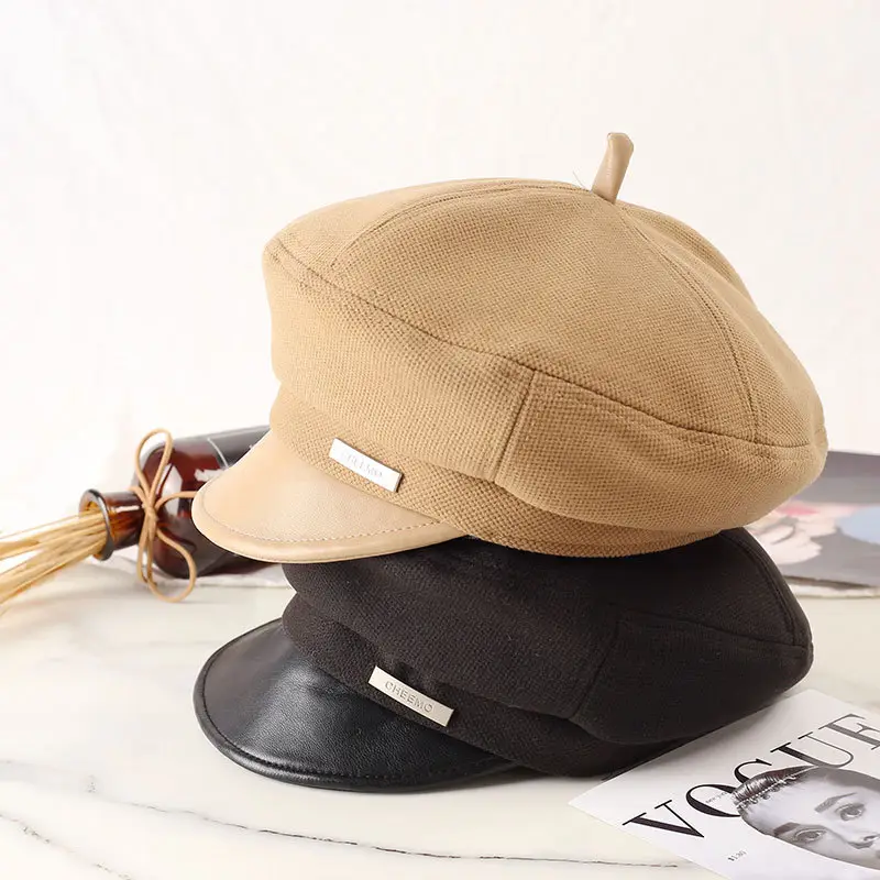 Women Flat-Top Duckbill Cap Warm British Retro Leather Brim — feature 2