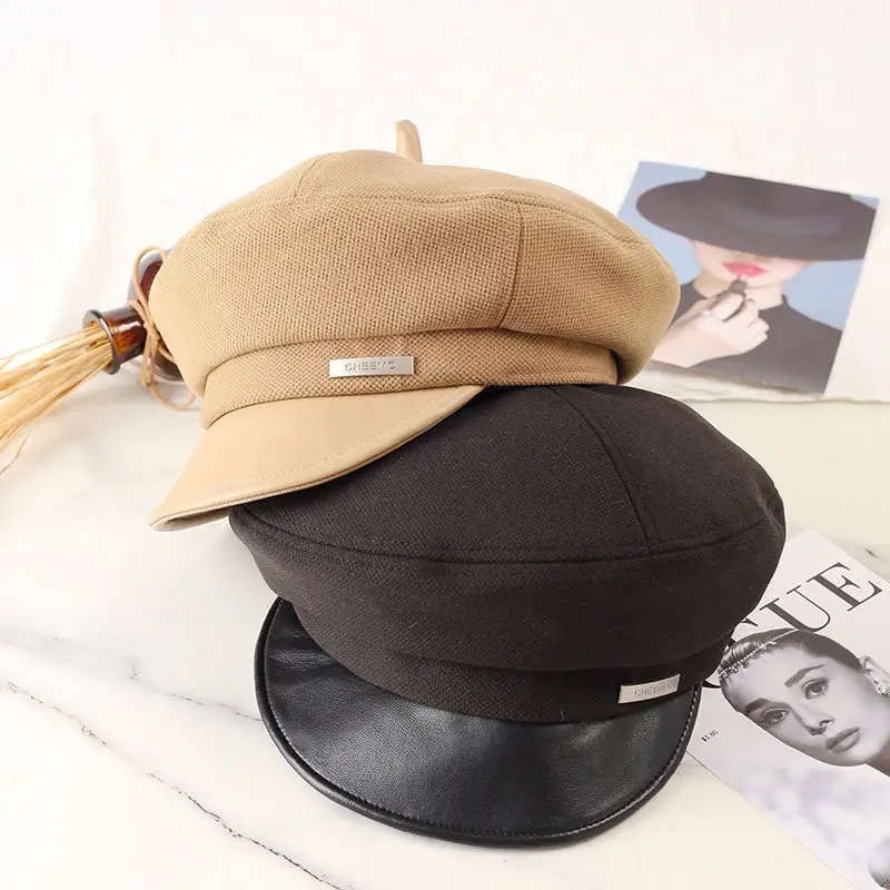 Women Flat-Top Duckbill Cap Warm British Retro Leather Brim — feature 4