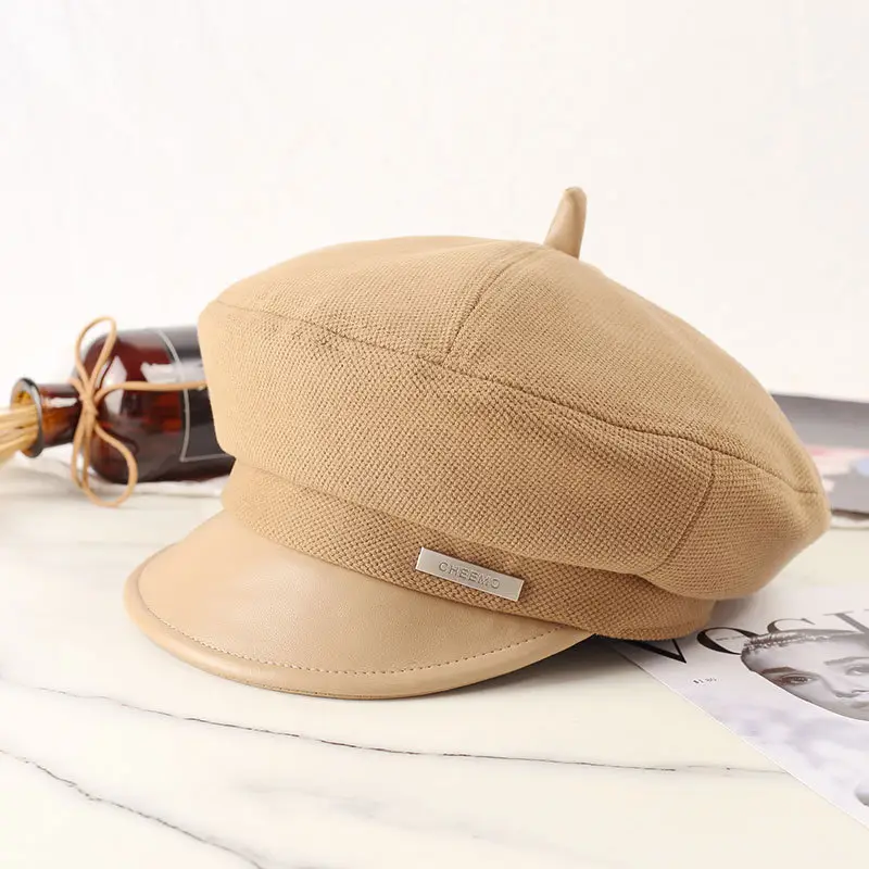 Women Flat-Top Duckbill Cap Warm British Retro Leather Brim — feature 5