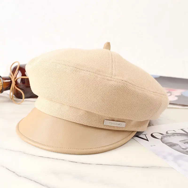 Women Flat-Top Duckbill Cap Warm British Retro Leather Brim — feature 6