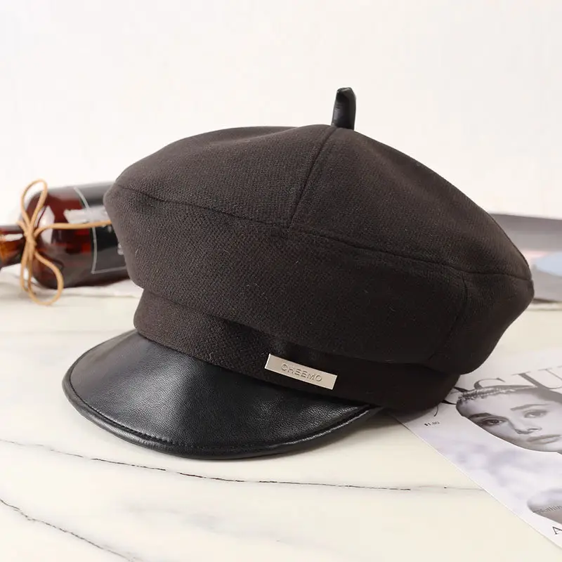 Women Flat-Top Duckbill Cap Warm British Retro Leather Brim — feature 7