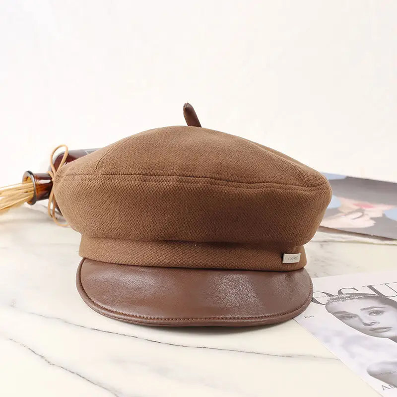 Women Flat-Top Duckbill Cap Warm British Retro Leather Brim — feature 8