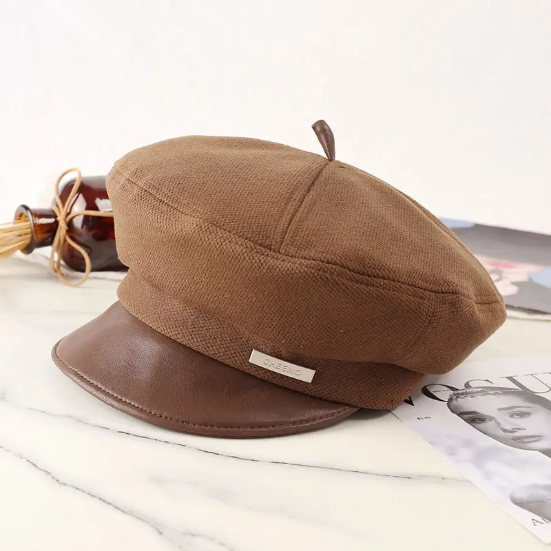 Women Flat-Top Duckbill Cap Warm British Retro Leather Brim — feature 9