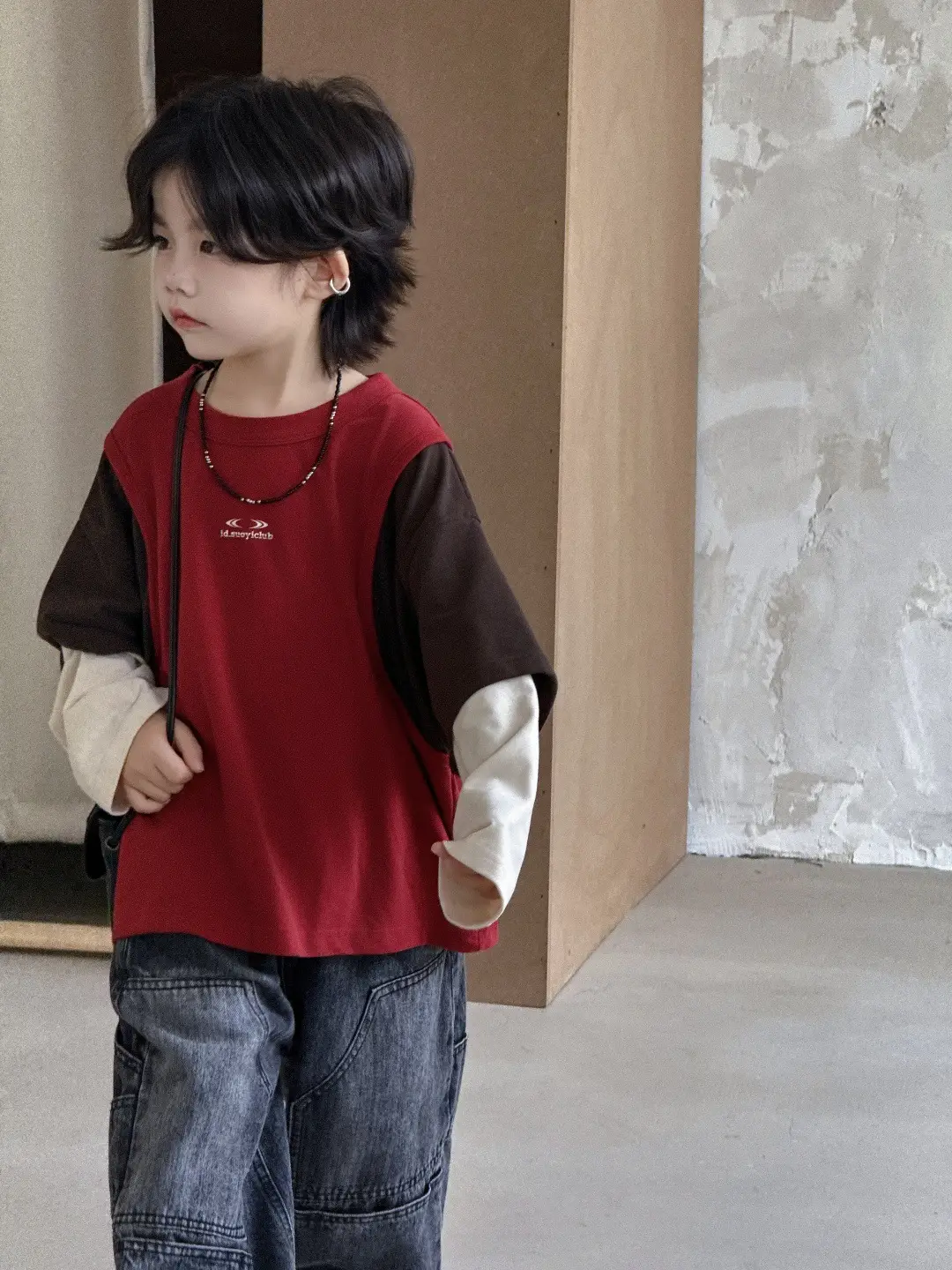 2025 Boys Fake Three-Piece Spliced T-Shirt Red Brown Medium Large - Image 3