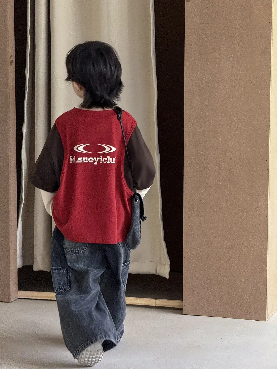 2025 Boys Fake Three-Piece Spliced T-Shirt Red Brown Medium Large - Image 4