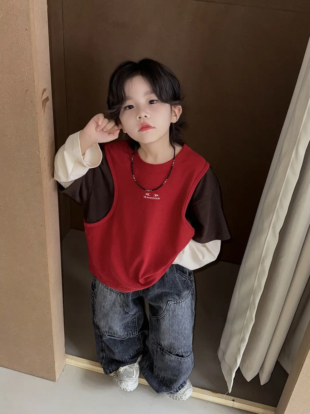 2025 Boys Fake Three-Piece Spliced T-Shirt Red Brown Medium Large - Image 5