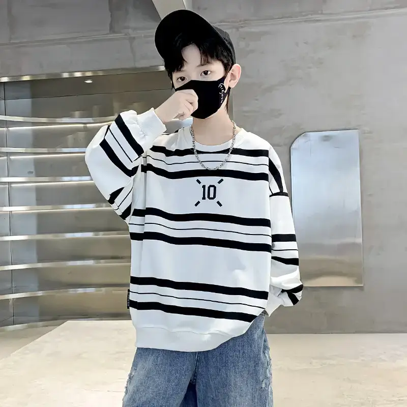 Children's Boys Long Sleeve Striped T-Shirt White Black 2025 - Image 6