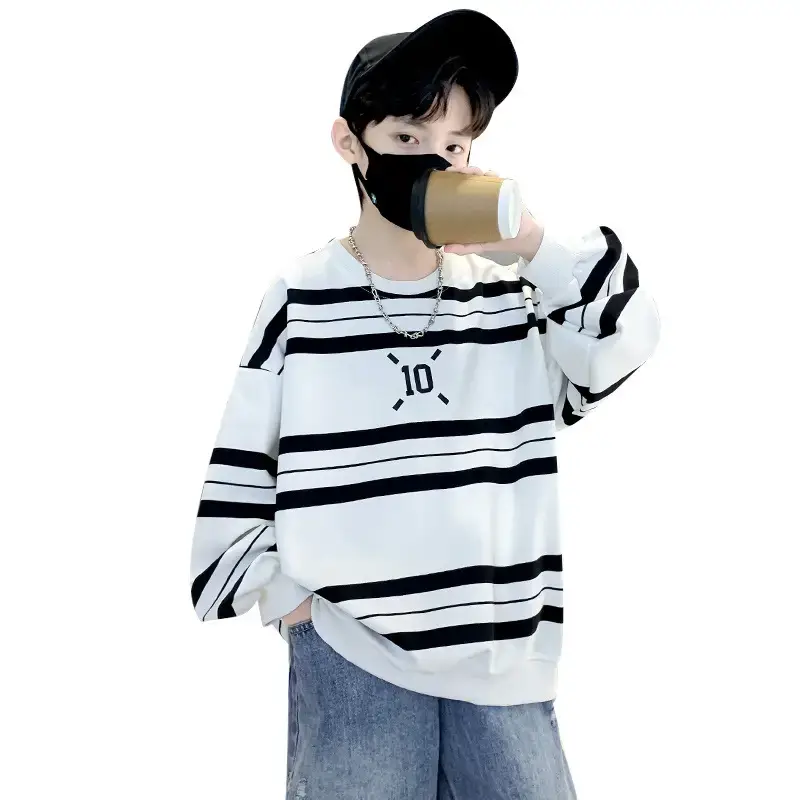 Children's Boys Long Sleeve Striped T-Shirt White Black 2025 - Image 7