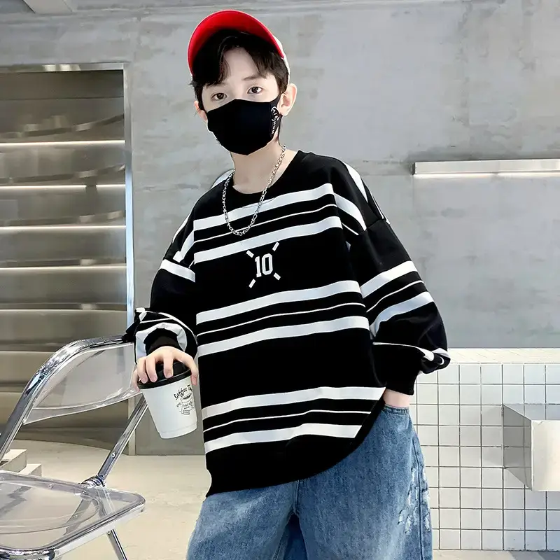 Children's Boys Long Sleeve Striped T-Shirt White Black 2025 - Image 2