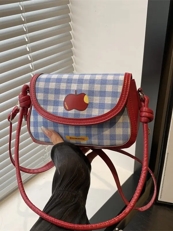Vintage Apple Plaid Crossbody Bag Red Shoulder - Image 4