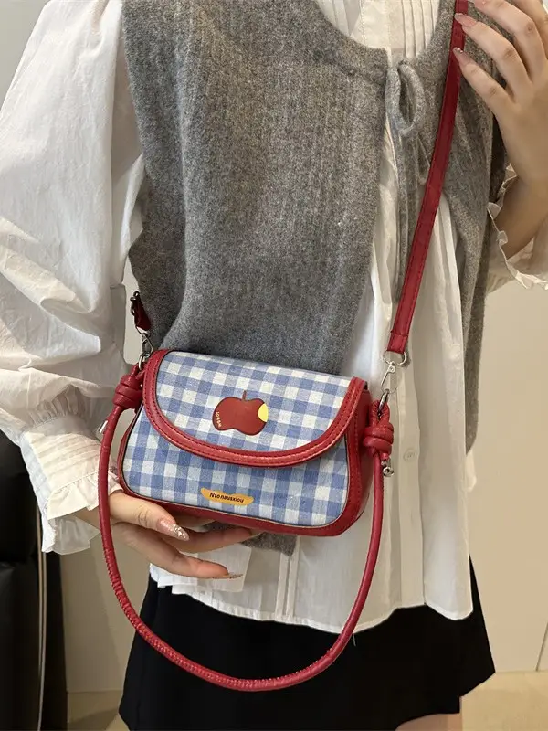 Vintage Apple Plaid Crossbody Bag Red Shoulder - Image 5