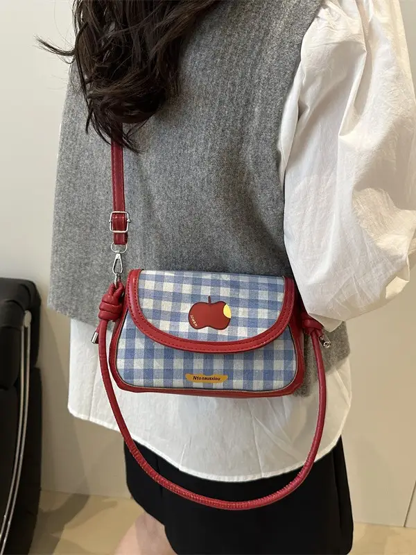 Vintage Apple Plaid Crossbody Bag Red Shoulder - Image 6