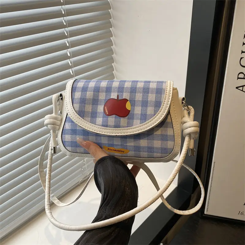 Vintage Apple Plaid Crossbody Bag Red Shoulder - Image 2