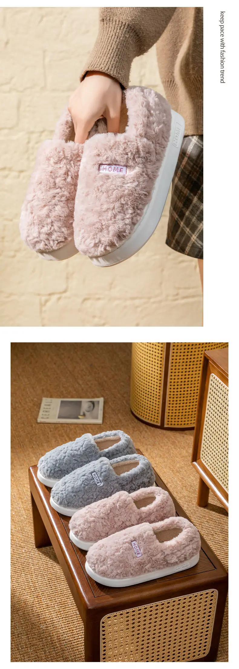 Winter New Outer Wear Thick-Soled Non-Slip Household Plus Plush Fur Slippers Simple, Comfortable and Warm Bag Heel Cotton Slippers — feature 12