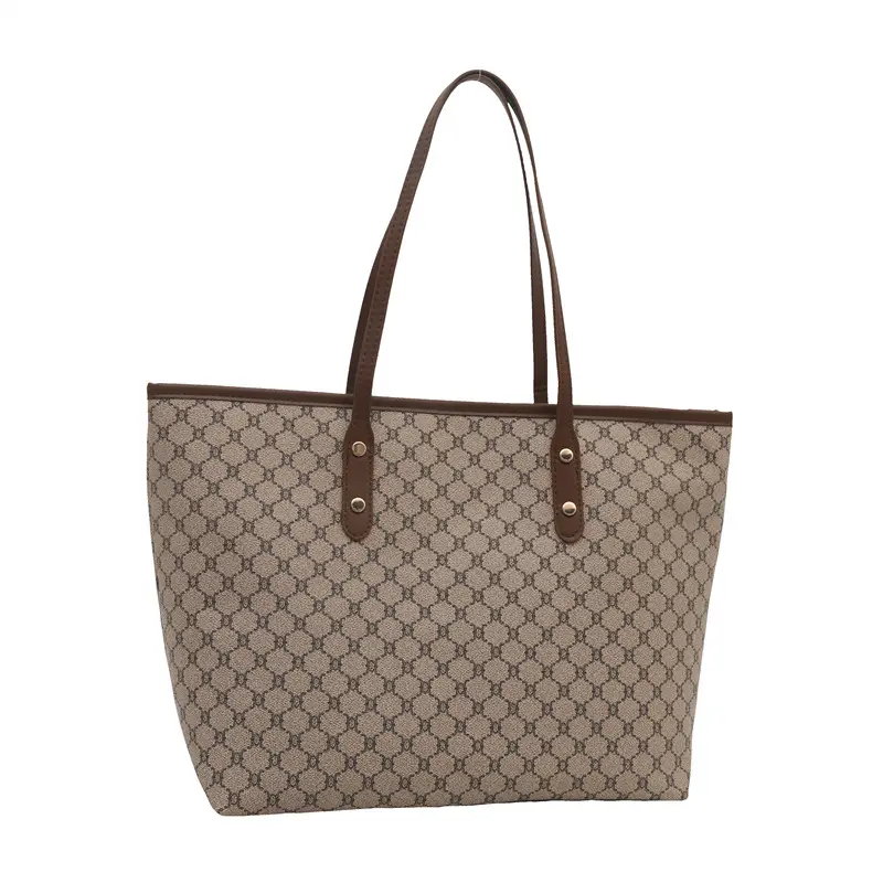 Retro Monogram Tote Bag Large Capacity Leather Handle - Image 8