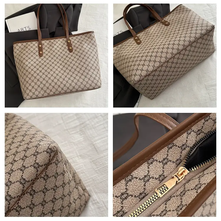 Retro Monogram Tote Bag Large Capacity Leather Handle — feature 7