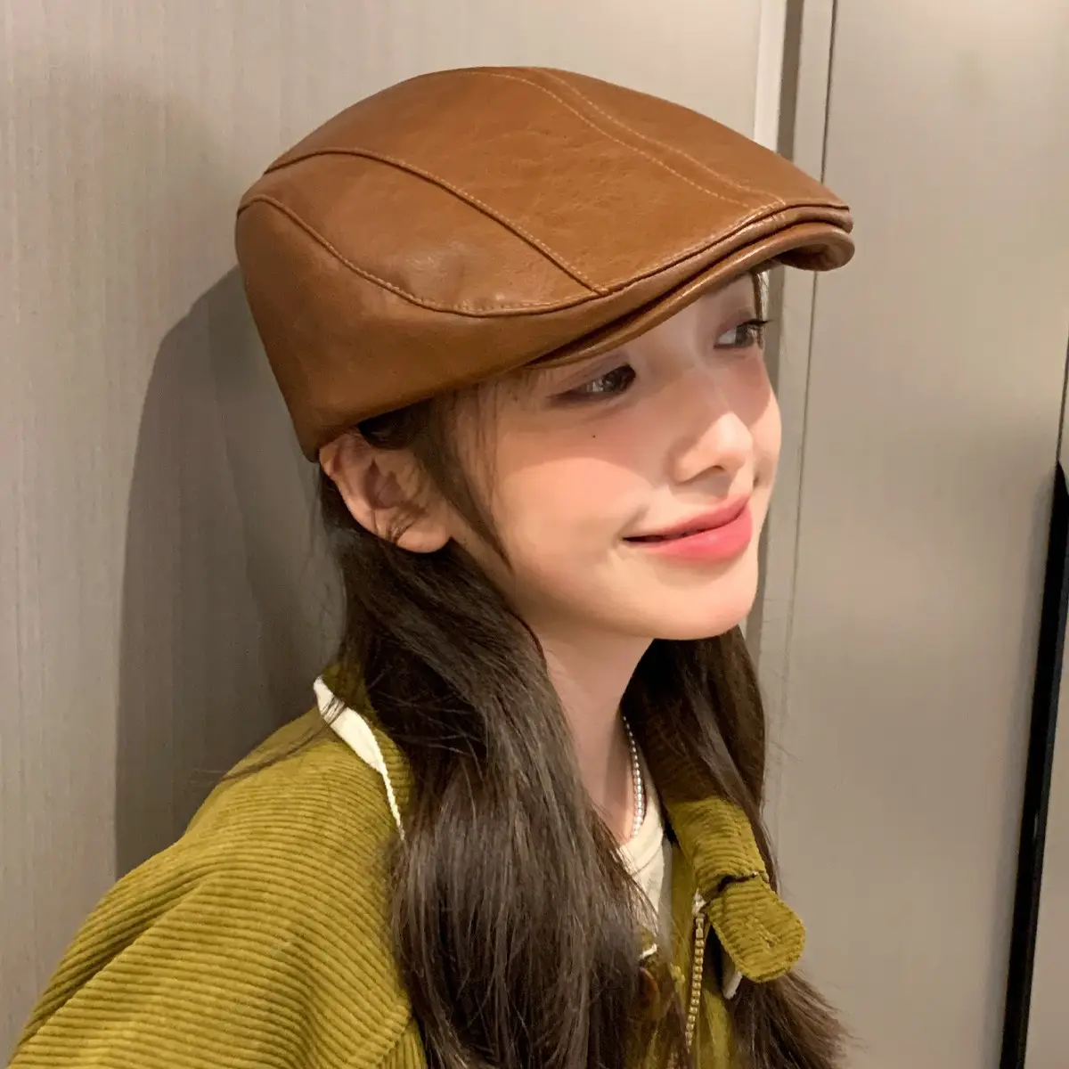 Women Retro Leather Duckbill Cap Brown - Image 6