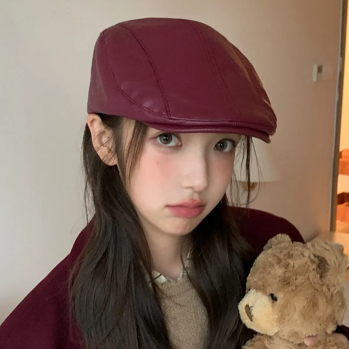 Women Retro Leather Duckbill Cap Brown - Image 8