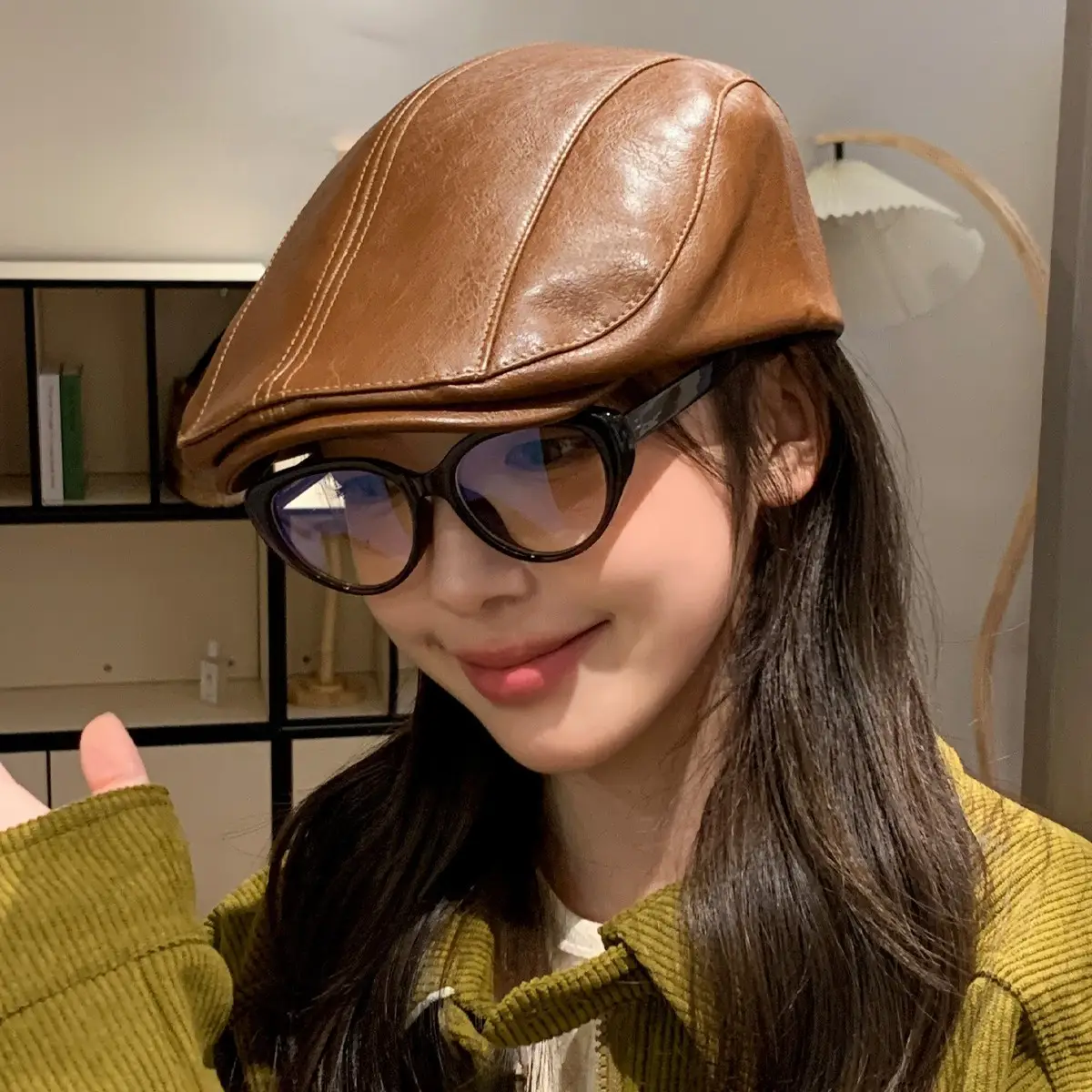 Women Retro Leather Duckbill Cap Brown - Image 9