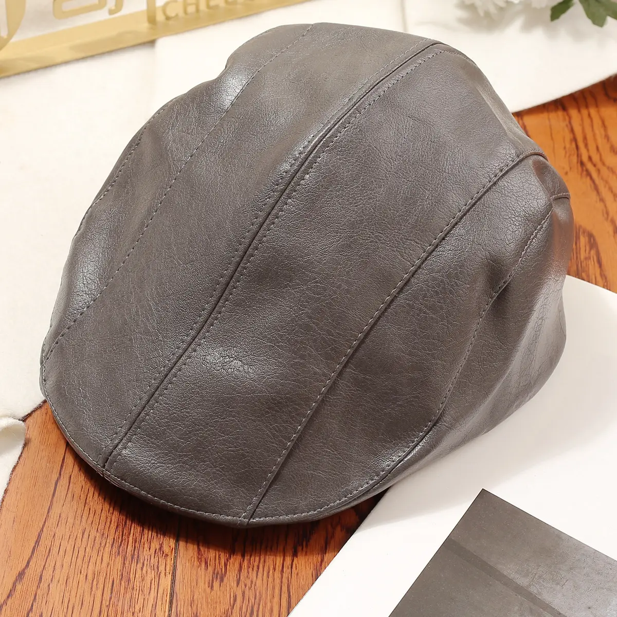 Women Retro Leather Duckbill Cap Brown - Image 3