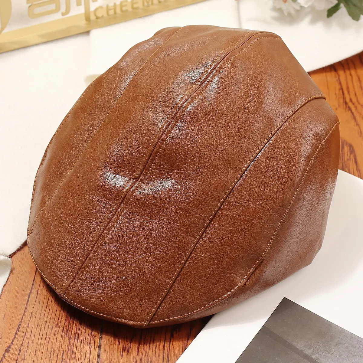 Women Retro Leather Duckbill Cap Brown - Image 4