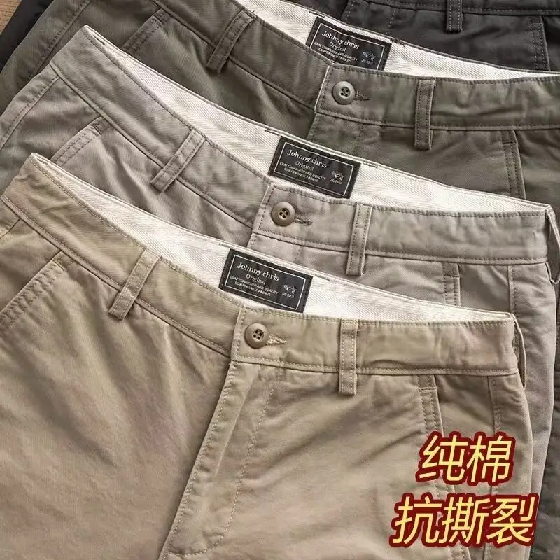 Men Slim Straight Belted Work Pants Beige - Image 7