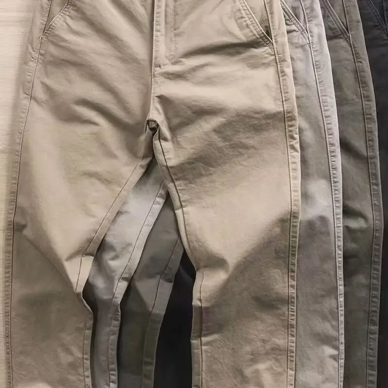 Men Slim Straight Belted Work Pants Beige - Image 8