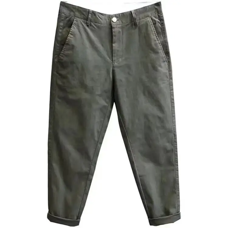 Men Slim Straight Belted Work Pants Beige - Image 2