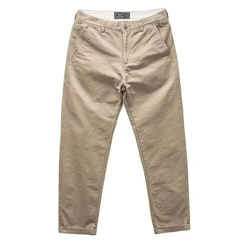 Men Slim Straight Belted Work Pants Beige - Image 3