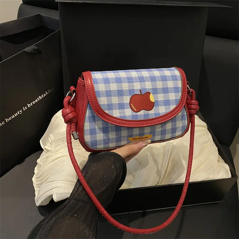 Women Apple Plaid Shoulder Crossbody Bag Red Strap - Image 4