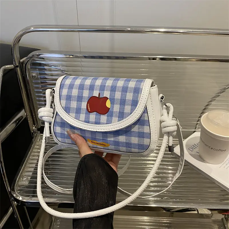 Women Apple Plaid Shoulder Crossbody Bag Red Strap - Image 5