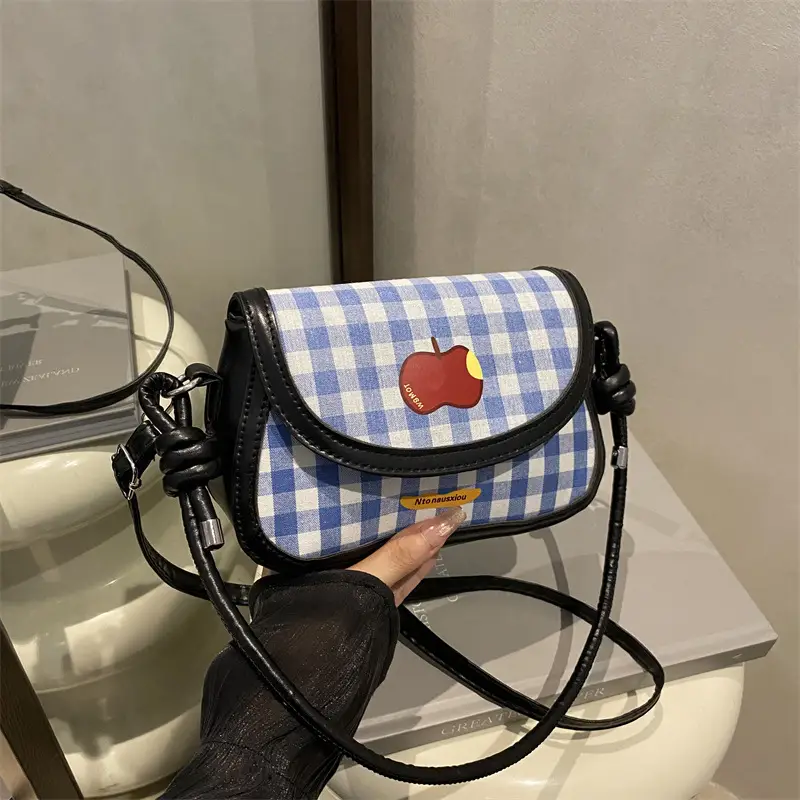 Women Apple Plaid Shoulder Crossbody Bag Red Strap - Image 6