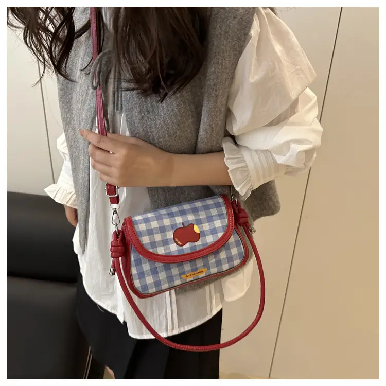Women Apple Plaid Shoulder Crossbody Bag Red Strap — feature 9