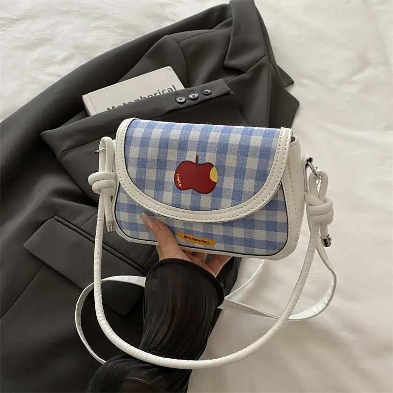 Women Apple Plaid Shoulder Crossbody Bag Red Strap - Image 2