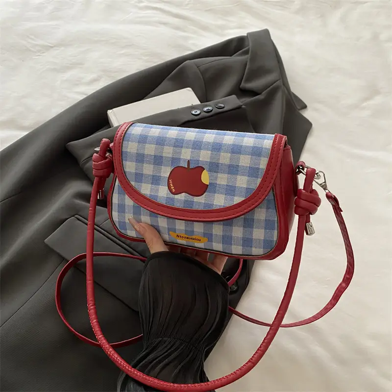 Women Apple Plaid Shoulder Crossbody Bag Red Strap - Image 3