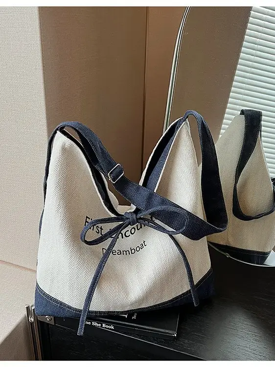 Women Crossbody Bag Korean Style Large Capacity Navy White - Image 2