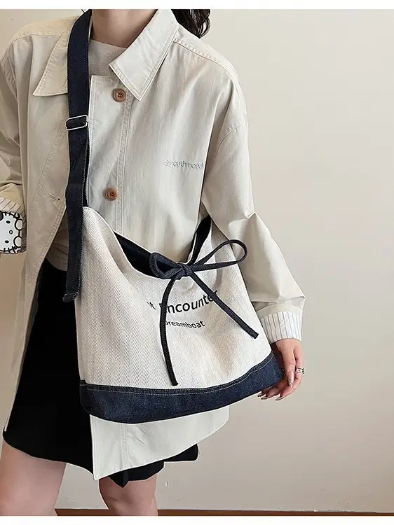 Women Crossbody Bag Korean Style Large Capacity Navy White - Image 3