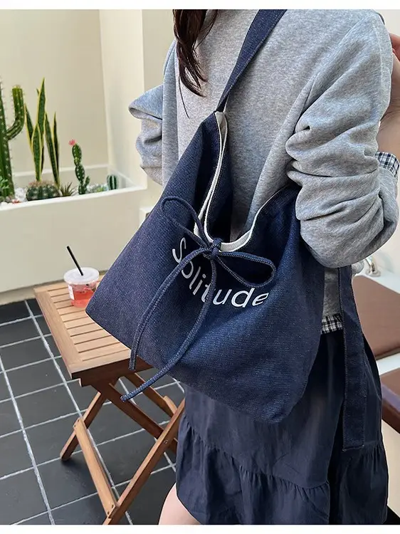 Women Crossbody Bag Korean Style Large Capacity Navy White - Image 4