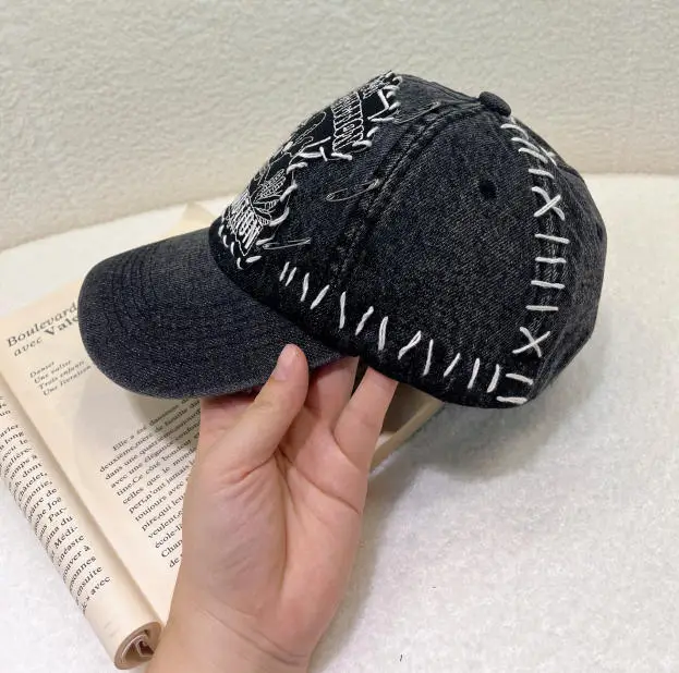 Men's Korean Style Denim Skull Cap with English Embroidery — feature 4