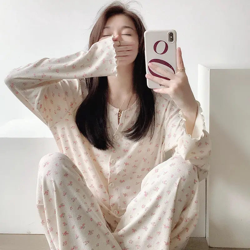Retro All-Over Printed Sweet Floral Pajamas Women's Summer Cardigan 2025 New Loose Home Wear Suit Long-Sleeved Pants