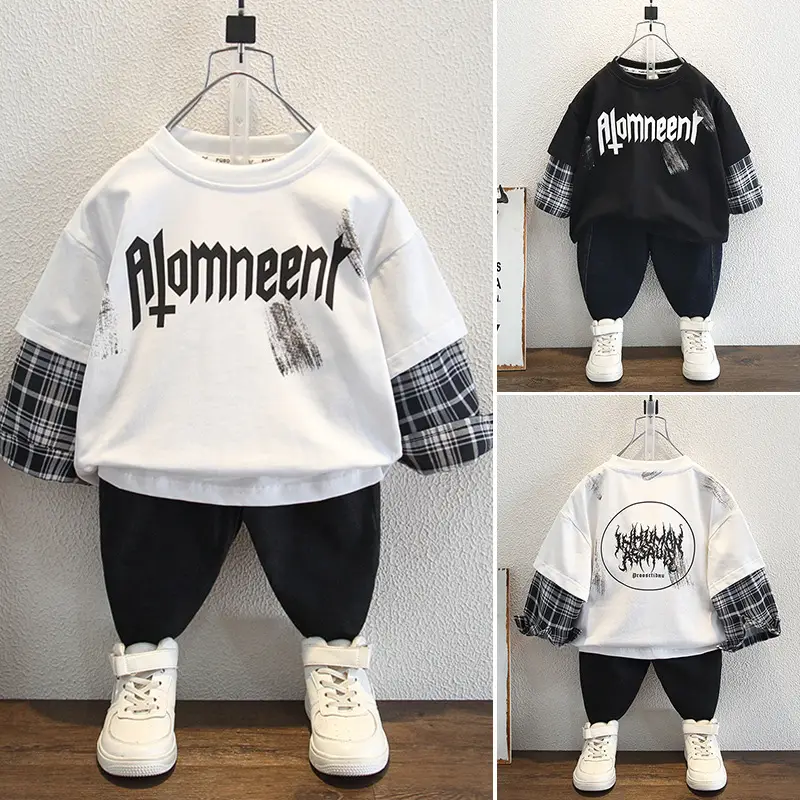 2025 Spring Boys Fake Two-Piece T-Shirt Set Black Plaid - Image 4
