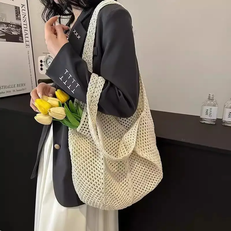 Women's Handwoven Mesh Beach Bag Large Capacity One Shoulder — feature 1