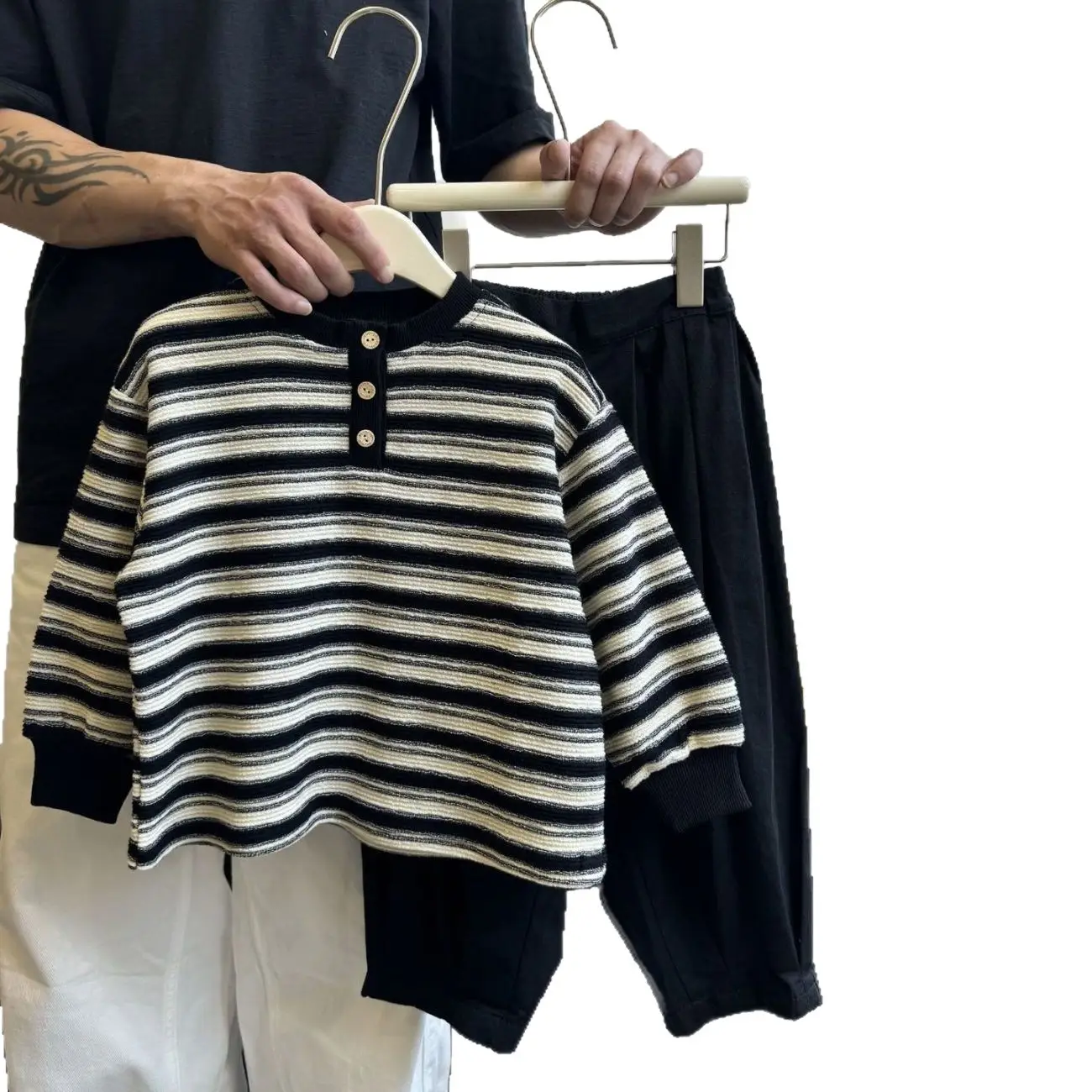 2025 Girls Striped Long Sleeve T-Shirt Set Black White - Image 6