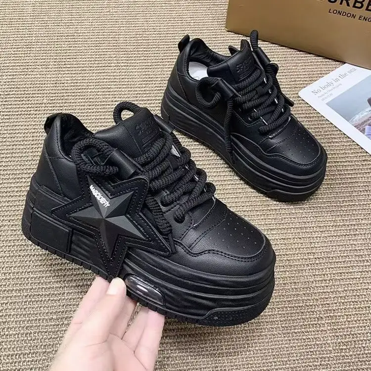 2025 Autumn New Ins Thick-Soled Versatile Women's Fashion Casual Shoes Student Height-Increasing Leather White Sneakers for Women - Image 2