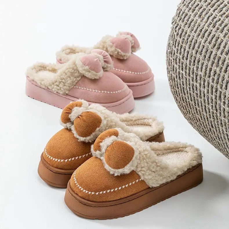 Indoor Thick-Soled Non-Slip Toe-Cap Plush Slippers for Home Winter Warm Confinement Shoes Bow Cotton Slippers Can Be Worn Outside - Image 5
